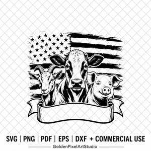 Op de afbeelding: Een zwart-witte grafische illustratie met een geit, een koe en een varken voor een verweerde Amerikaanse vlag. Onder de dieren bevindt zich een leeg, gebogen lint. Het ontwerp bevat de tekst SVG, PNG, PDF, EPS, DXF + COMMERCIAL USE.
