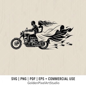 May include: Black and white illustration of a couple riding a motorcycle. The man is wearing a helmet and jacket, while the woman is in a flowing dress. The image includes the text "SVG | PNG | PDF | EPS + COMMERCIAL USE GoldenPixelArtStudio."