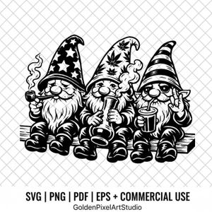 May include: Black and white illustration of three gnomes sitting on a wooden bench. Each gnome wears a pointed hat with different designs: stars, cannabis leaves, and stripes. One gnome smokes a pipe, another holds a bong, and the third has a drink.