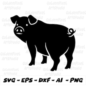 May include: A black silhouette of a pig, standing on four legs, with a curled tail. The pig is facing slightly to the left. Below the pig is the text: SVG - EPS - DXF - AI - PNG.