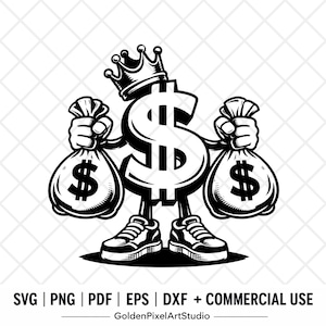 Dollartecken King SVG, Pengarväska Clipart, Rich Hipster Cut-fil (digital nedladdning)
