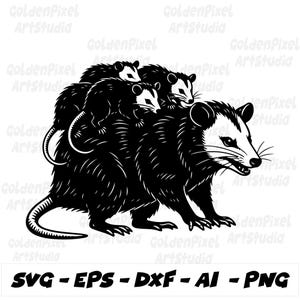 May include: A black and white illustration of an opossum with several babies on its back. The opossum is facing right. The image includes the text "SVG - EPS - DXF - AI - PNG".