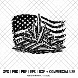 May include: A black and white graphic illustration featuring a pile of stacked ammunition cartridges positioned in front of a waving American flag. Below the graphic, the text reads: SVG | PNG | PDF | EPS | DXF + COMMERCIAL USE GoldenPixelArtStudio.