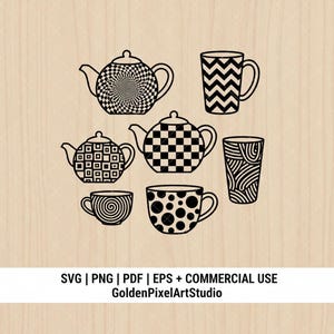 Puede incluir: Dibujos en blanco y negro de teteras, tazas y tazas con varios patrones, incluyendo una espiral, un tablero de ajedrez y lunares. La imagen incluye el texto "SVG | PNG | PDF | EPS + COMMERCIAL USE GoldenPixelArtStudio."