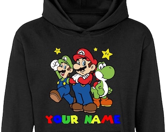 Personalised Super Mario Hoodie, Mario Custom Name Text Pullover, Super Mario Best Birthday Gift, Adult Unisex Kids Hood Top