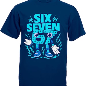 May include: Navy blue t-shirt with a cartoon graphic. The graphic features the words "SIX SEVEN" above a smiling, animated "67" character with arms, legs, and shoes. Lightning bolt accents surround the numbers.