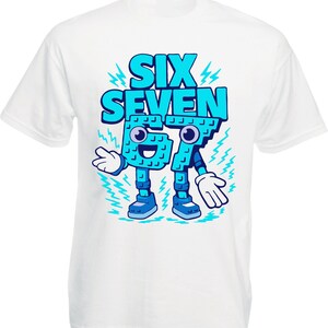 May include: White t-shirt with a cartoon graphic of the words "SIX SEVEN" in blue, with the numbers 6 and 7 designed as animated characters. The characters have blue shoes, arms, and a smiling face. Blue lightning bolts surround the graphic.