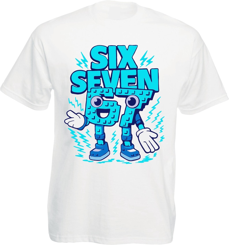 May include: White t-shirt with a cartoon graphic of the words "SIX SEVEN" in blue, with the numbers 6 and 7 designed as animated characters. The characters have blue shoes, arms, and a smiling face. Blue lightning bolts surround the graphic.