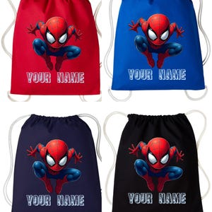 May include: Four drawstring backpacks in red, blue, navy, and black. Each bag features a Spider-Man graphic and the text "YOUR NAME" in white. The bags have white drawstrings.