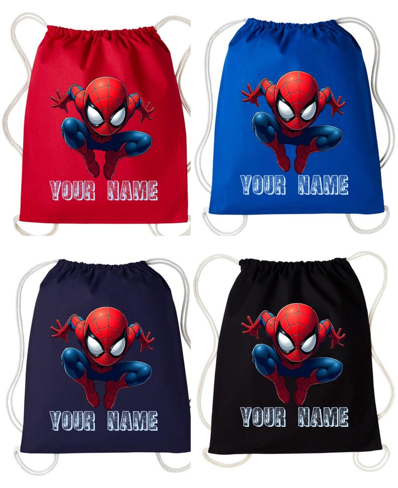 May include: Four drawstring backpacks in red, blue, navy, and black. Each bag features a Spider-Man graphic and the text "YOUR NAME" in white. The bags have white drawstrings.