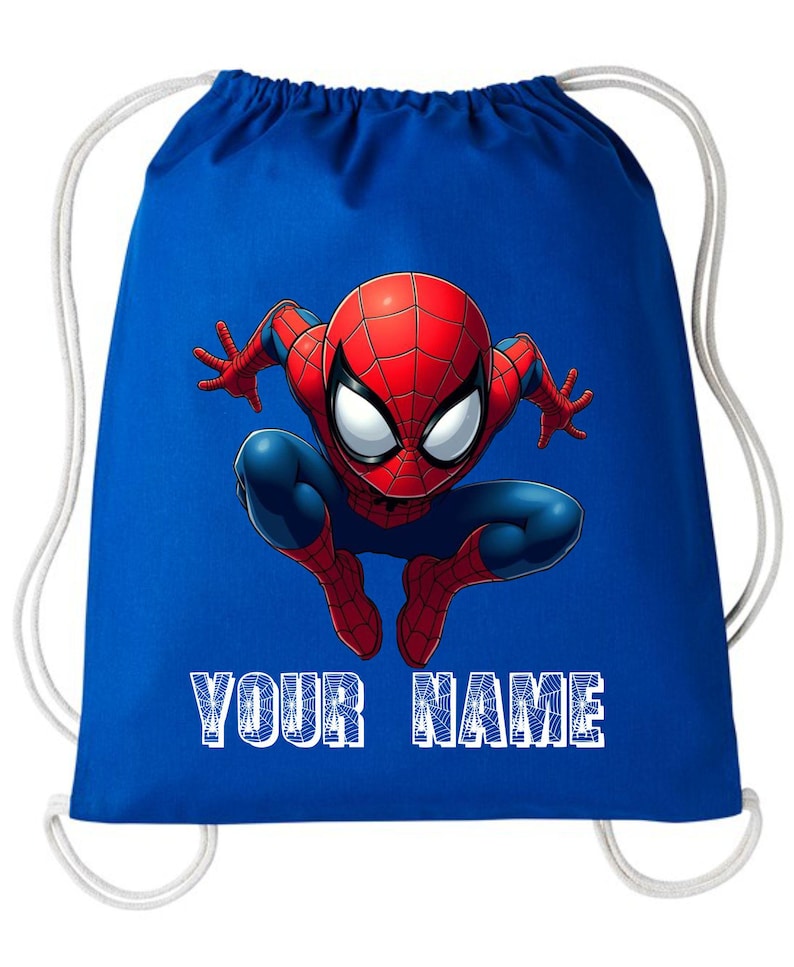 May include: A blue drawstring bag featuring a graphic of Spider-Man in a crouching pose. The superhero is depicted in his classic red and blue suit. The text "YOUR NAME" is printed in white block letters at the bottom of the bag.