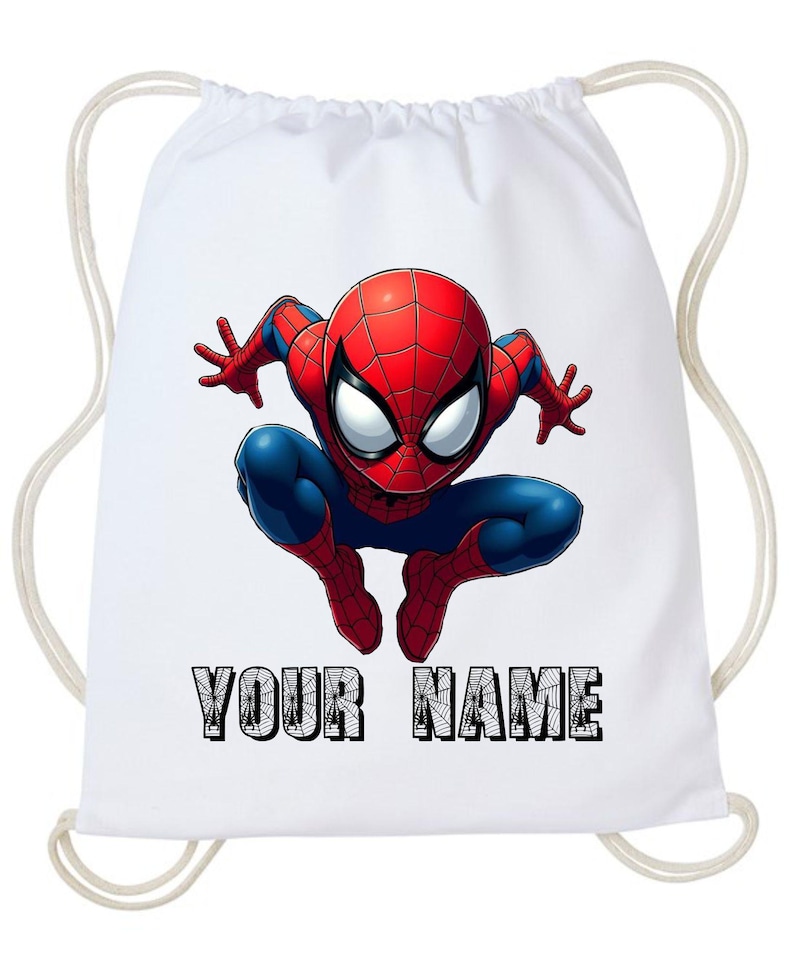 May include: White drawstring backpack featuring a vibrant illustration of Spider-Man in a crouching pose. The superhero is depicted in his classic red and blue suit. The text "YOUR NAME" is printed in a bold, web-like font.