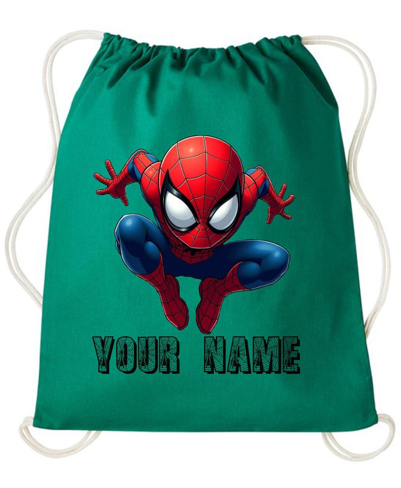 May include: A teal drawstring backpack featuring a graphic of Spider-Man in a dynamic pose. The superhero is depicted in his classic red and blue suit. The text "YOUR NAME" is printed in a green, textured font below the character.