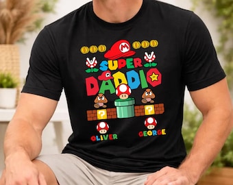 Personalised Super Daddio Mario T-Shirt, Kids Names Father's Day Tee