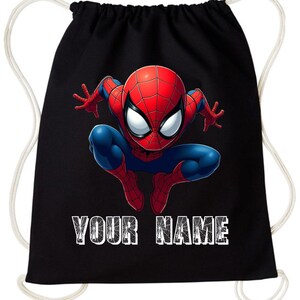 May include: Black drawstring backpack featuring a vibrant illustration of Spider-Man in a dynamic pose. The superhero is depicted in his classic red and blue suit. The text "YOUR NAME" is printed in white block letters at the bottom.