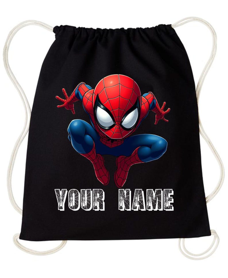 May include: Black drawstring backpack featuring a vibrant illustration of Spider-Man in a dynamic pose. The superhero is depicted in his classic red and blue suit. The text "YOUR NAME" is printed in white block letters at the bottom.