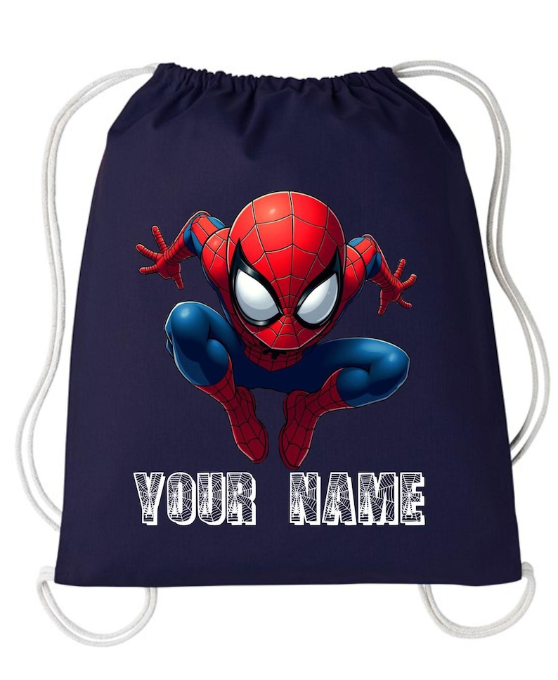 May include: Navy blue drawstring bag featuring a vibrant illustration of Spider-Man in a crouching pose. The superhero is depicted in his classic red and blue suit. The text "YOUR NAME" is printed in white block letters at the bottom.