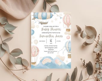 Whimsical Hot Air Balloon Baby Shower Invite: DIY Editable Design (5x7in)