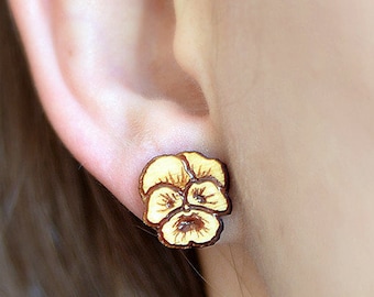 Wood Pansy Flower studs. With sterling silver or stainless steel posts. Pansy earrings, flower earrings, wood flower jewelry, pansy jewelry