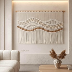 Großer Makramee Wandbehang, Gewebter Wandteppich, Neutrale Wandkunst, Boho Wanddekor, Wabi Sabi und Japandi Wandkunst, Geschenk für neues Zuhause