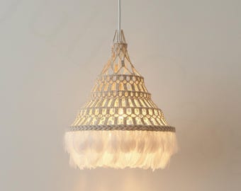 Pantalla de lámpara de macramé, lámpara de araña de plumas blancas, lámpara colgante única, decoración para habitación de bebé, lámpara bohemia para habitación de bebé, iluminación para dormitorio principal