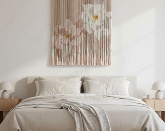 Large Floral Macrame Wall Hanging, Pink Flower Fiber Art, Boho Woven Tapestry, Modern Above Bed Decor, Botanical Wall Mural