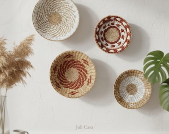 Boho Basket Wall Decor Set of 4, Woven Wall Hanging, Seagrass Wall Baskets, Natural Rattan Wall Art, New Home Gift
