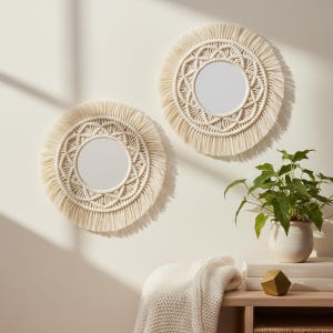 Macrame Mirror Frame, Boho Wall Hanging, Woven Cotton Mirror Decor for Round Mirrors