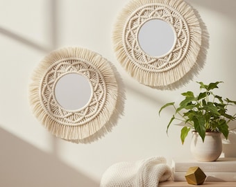 Spiegellijst macramé, boho-muurhanger, geweven katoenen spiegeldecor voor ronde spiegels