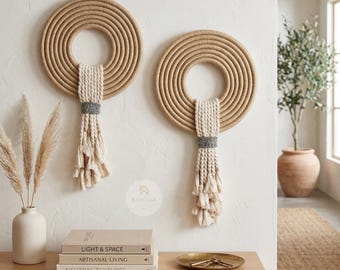 Macrame Wall Hanging Large Circular Rope, Modern Fiber Sculpture Wall Art- Pyrite Stone Detail, Organic Minimalist Home Decor Luxury Boho