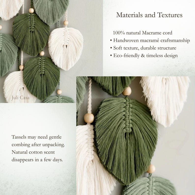 Puede incluir: Adorno de pared de macram&eacute; con dise&ntilde;os en forma de hojas en tonos verdes y blancos, con cuentas de madera. La imagen incluye el texto "Materiales y Texturas" y "Juli Casa". El producto est&aacute; hecho de cord&oacute;n de macram&eacute; 100% natural.