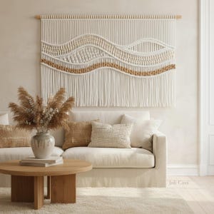 Großer Makramee Wandbehang, Gewebter Wandteppich, Neutrale Wandkunst, Boho Wanddekor, Wabi Sabi und Japandi Wandkunst, Geschenk für neues Zuhause