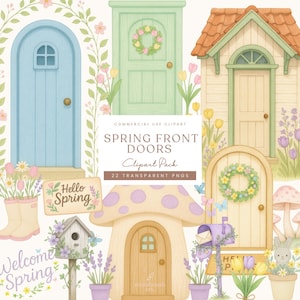 May include: Watercolor clipart set featuring spring-themed front doors, including a blue arched door, a green door with a wreath, and a mushroom-shaped door. The text reads "Spring Front Doors Clipart Pack".