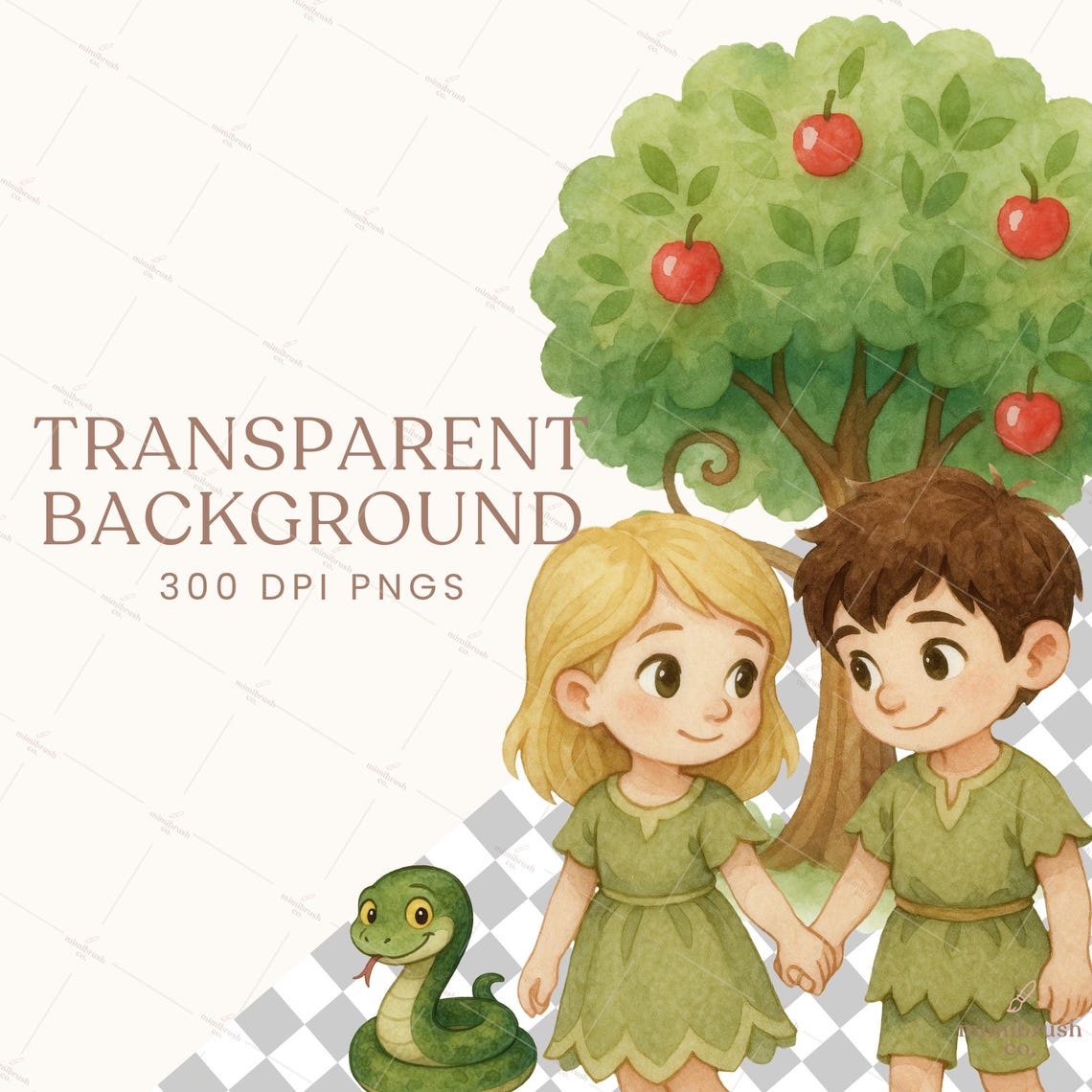 Adam and Eve Clipart: Garden of Eden Watercolor Bible Story PNG Set for ...