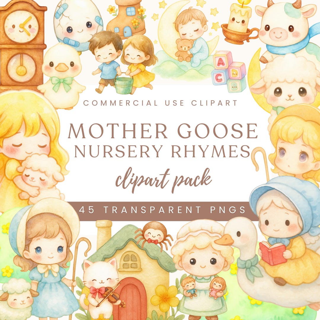 Mother Goose Nursery Rhymes Clipart: Kawaii Watercolor Storybook ...