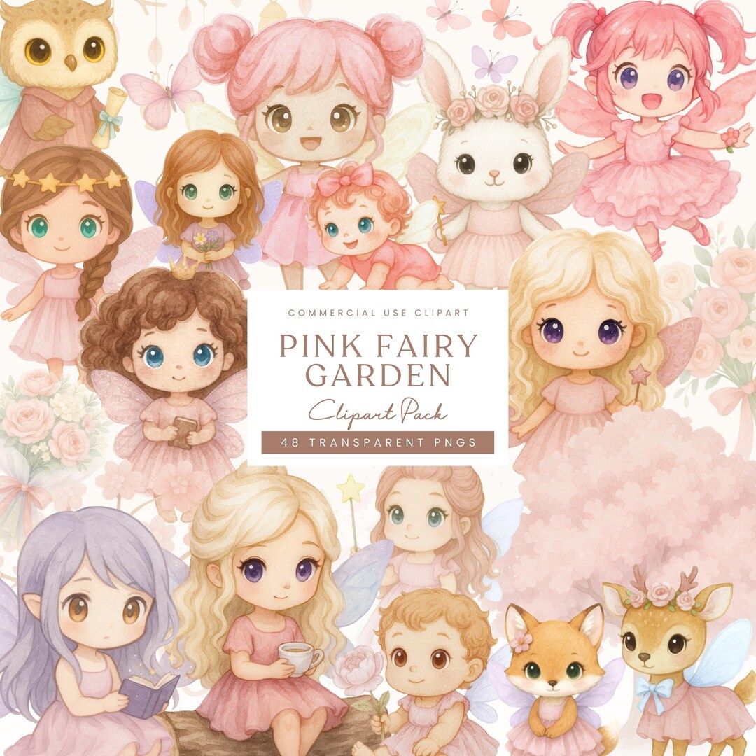 Watercolor Fairy Garden Clipart: Magical Pink Fairies PNG Set (digital ...