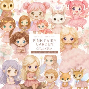 Op de afbeelding: Een verzameling aquarel illustraties met feeën, dieren en baby's in roze tinten. De tekst "PINK FAIRY GARDEN Clipart Pack" wordt weergegeven. Bevat 48 transparante PNG's.