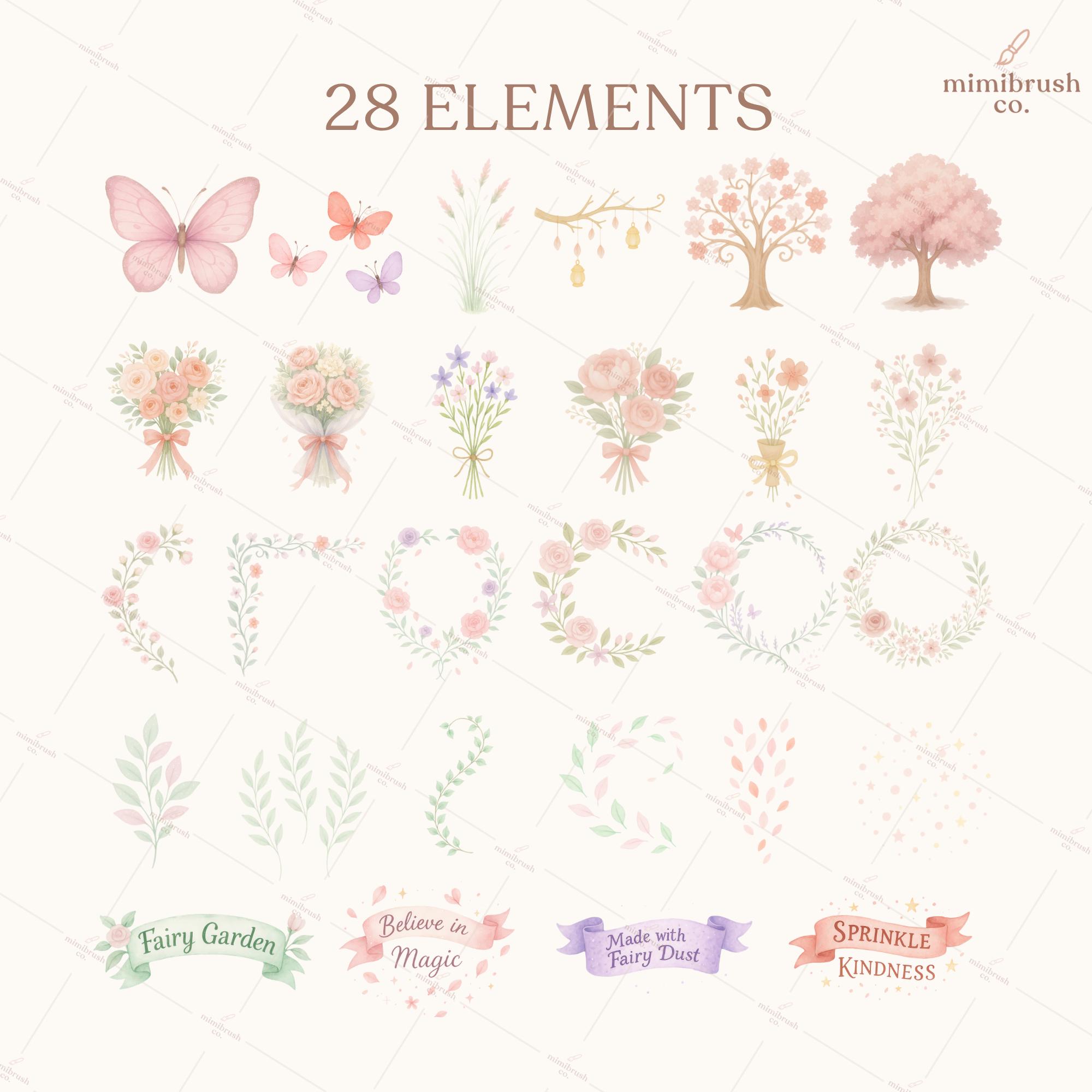 Watercolor Fairy Garden Clipart: Magical Pink Fairies PNG Set (digital ...