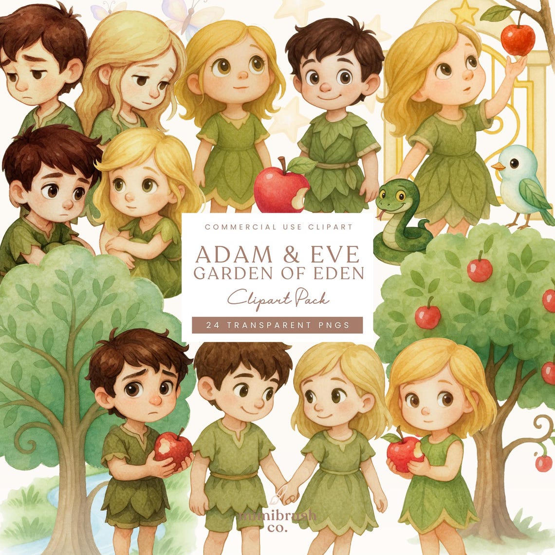 Adam and Eve Clipart: Garden of Eden Watercolor Bible Story PNG Set for ...