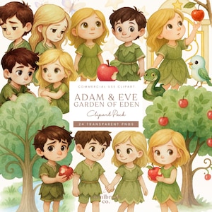 Könnte beinhalten: Ein digitales Clipart-Paket mit Illustrationen von Adam und Eva in einem Garten. Die Bilder zeigen Kinder mit blonden und braunen Haaren, die grüne, blattartige Kleidung tragen, Äpfel halten und mit einer Schlange und einem Vogel interagieren. Der Text lautet "Adam & Eve Garden of Eden Clipart Pack".