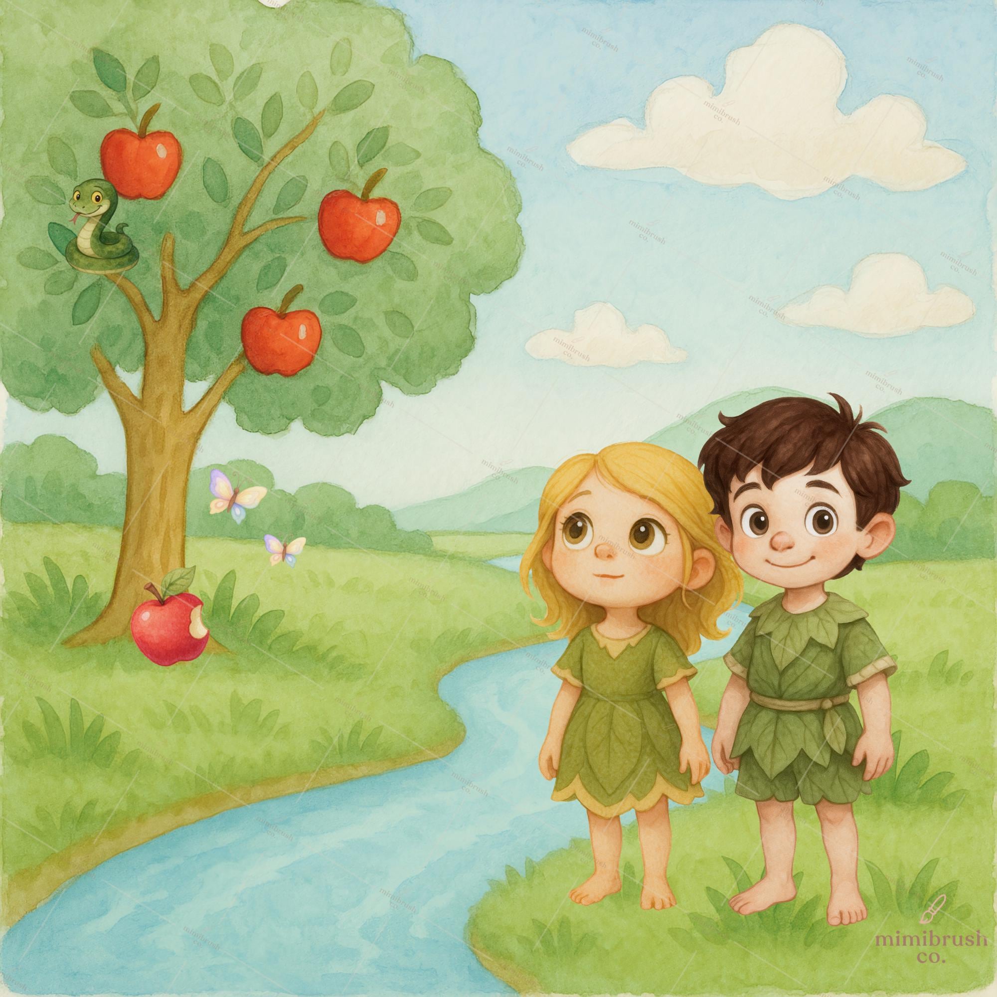 Adam and Eve Clipart: Garden of Eden Watercolor Bible Story PNG Set for ...