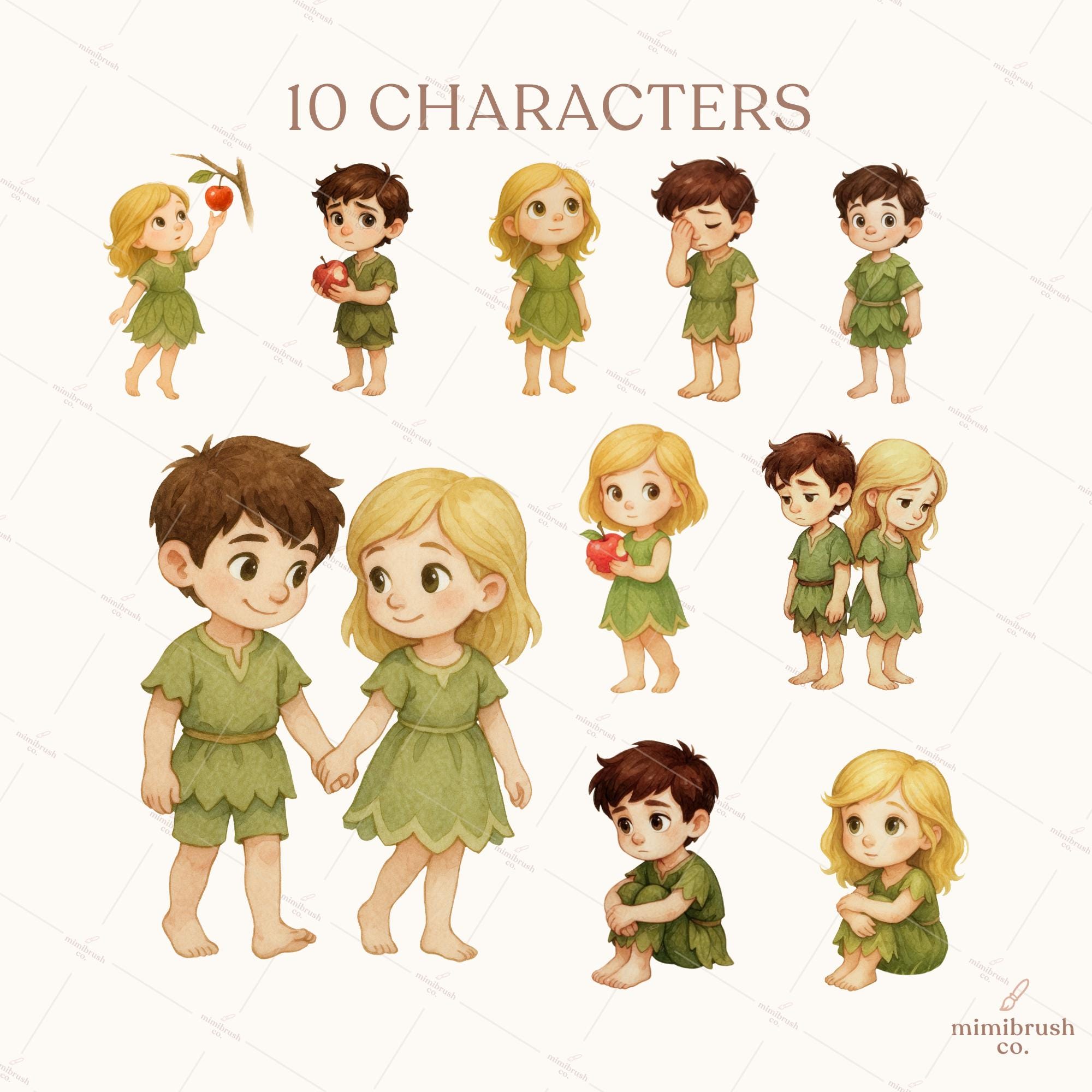 Adam and Eve Clipart: Garden of Eden Watercolor Bible Story PNG Set for ...
