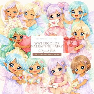 May include: Watercolor Valentine Fairy clipart pack featuring multiple fairies with various hairstyles and outfits. The fairies are holding items like a heart-shaped balloon, a teddy bear, and a gift box. The image includes the text "Watercolor Valentine Fairy Clipart Pack".