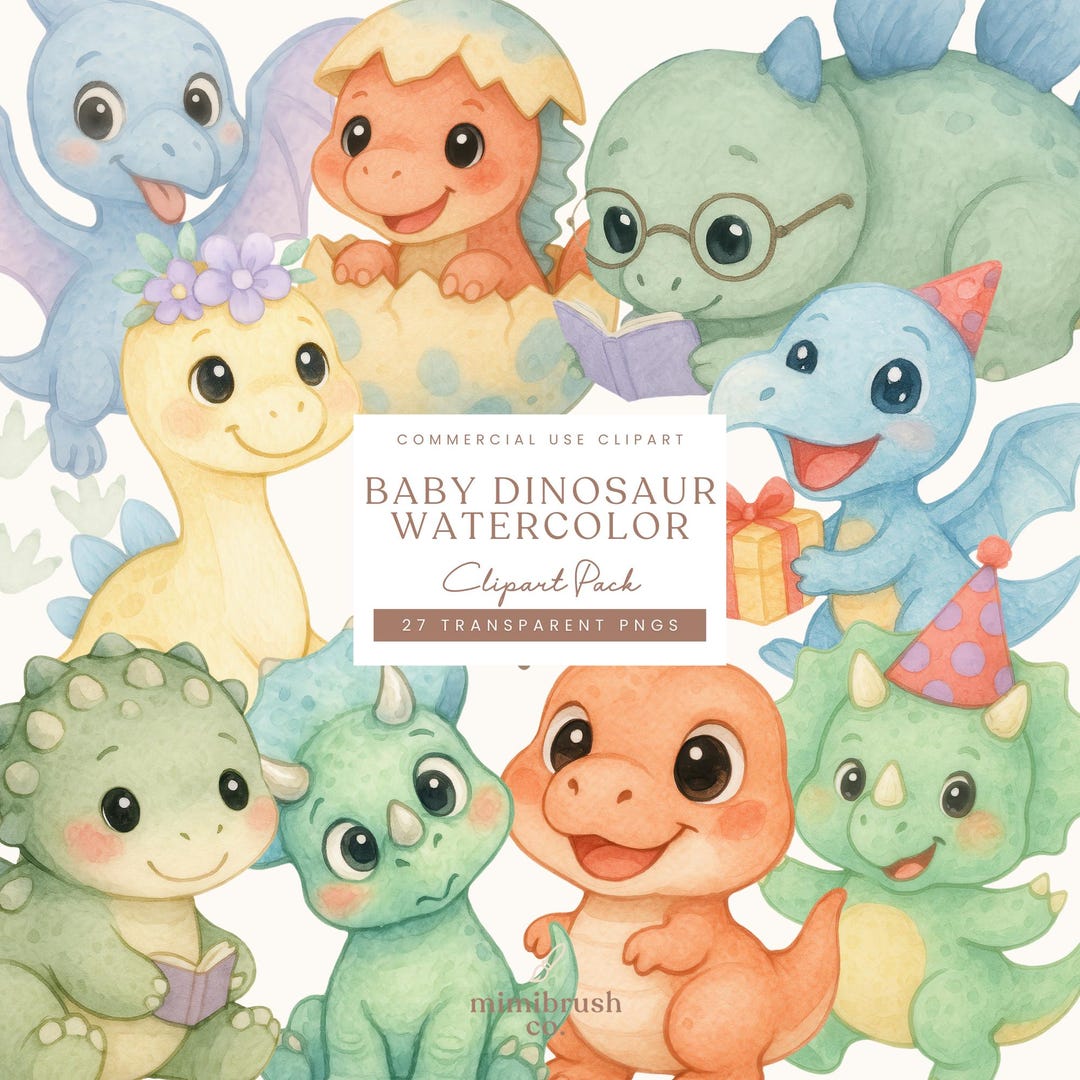 Baby Dinosaur Clipart Watercolor Birthday Party PNG Set for Commercial ...
