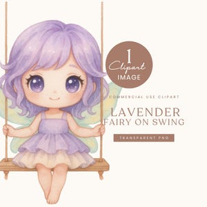 Op de afbeelding: Waterverfillustratie van een fee met lavendelkleurig haar op een schommel. De fee draagt een lavendelkleurige jurk en heeft grote paarse ogen. De tekst "Lavender Fairy on Swing" en "Transparent PNG" is inbegrepen.