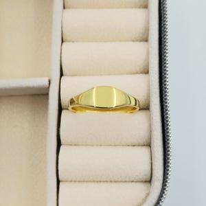 May include: A polished gold-tone signet ring featuring a smooth, flat, rectangular face and a slender band. The ring has a reflective metallic finish and is centered within a neutral-colored jewelry storage compartment with padded slots.
