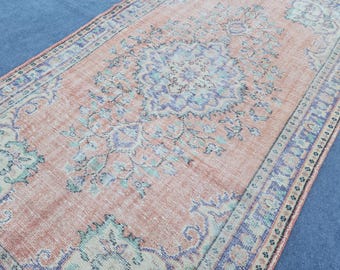 Vintage Turkish Area Rug, Distressed Floral Carpet, Bohemian Decor 2.4 x 5.1 ft