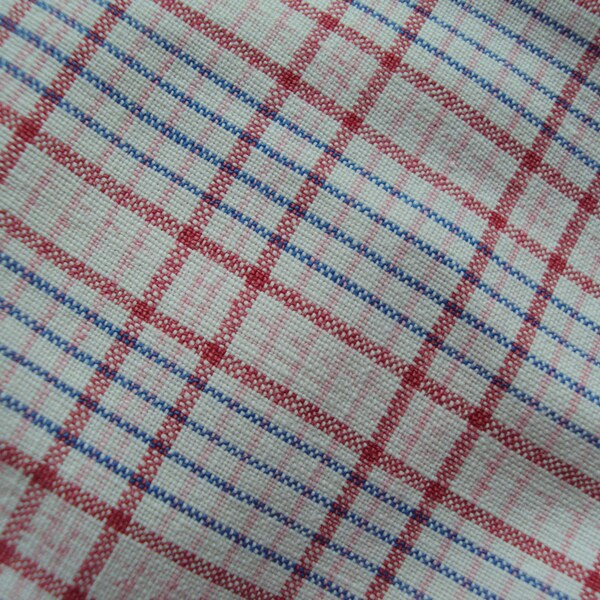 Antique French Fabric Linen Kelsch Alsace Plaid Gingham Check Red White and Blue Faded