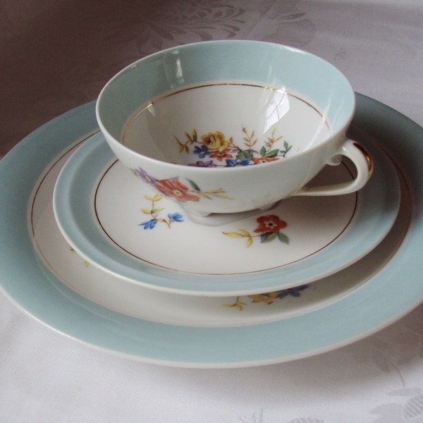 Vintage French Porcelaine Trio G Boyer & Co Limoges Cup Saucer and Plate Art Deco Floral Turquoise Gold Gilding