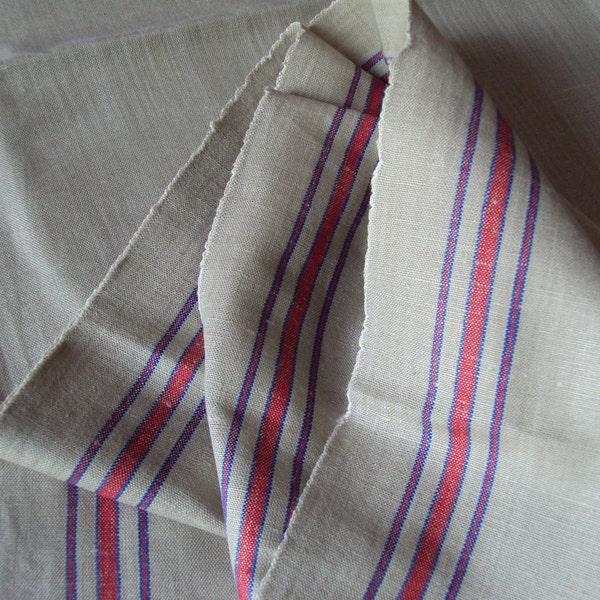 Vintage French Linen Hemp Flax Mangle Cloth Blue and Red Stripes Rare Tablecloth Cushions Curtains Christmas